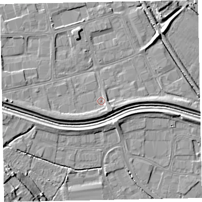 Shaded relief map of the ground around EX28NP, computed from Environment Agency LiDAR. The ground here sits at about 6 m above sea level and falls 15 m across the surrounding 800 m. Surface water reaching this point runs off ground lying to the south-east, 2.7 m higher.