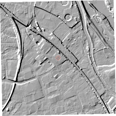 Shaded relief map of the ground around EX28NR, computed from Environment Agency LiDAR. The ground here sits at about 7 m above sea level and falls 10 m across the surrounding 800 m. Surface water reaching this point runs off ground lying to the north, 1.7 m higher.