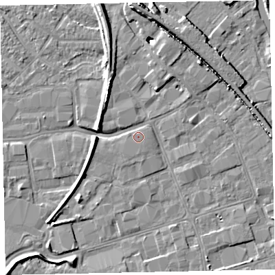 Shaded relief map of the ground around EX28NT, computed from Environment Agency LiDAR. The ground here sits at about 7 m above sea level and falls 11 m across the surrounding 800 m. Surface water reaching this point runs off ground lying to the south, 1.5 m higher.