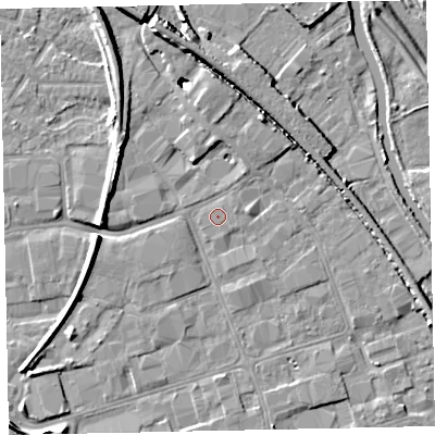 Shaded relief map of the ground around EX28NU, computed from Environment Agency LiDAR. The ground here sits at about 6 m above sea level and falls 10 m across the surrounding 800 m. The ground contributing surface water to this point lies to the east-north-east.