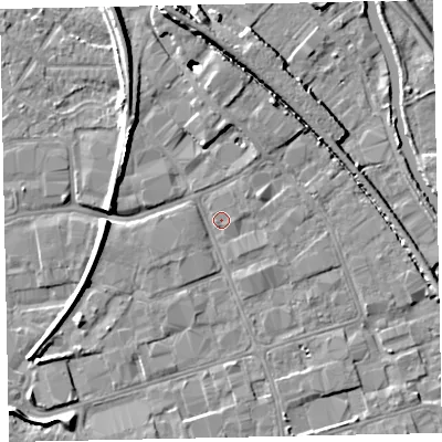 Shaded relief map of the ground around EX28NW, computed from Environment Agency LiDAR. The ground here sits at about 6 m above sea level and falls 10 m across the surrounding 800 m. Surface water reaching this point runs off ground lying to the north-west, 6.3 m higher.