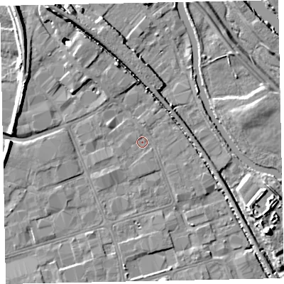 Shaded relief map of the ground around EX28NY, computed from Environment Agency LiDAR. The ground here sits at about 6 m above sea level and falls 10 m across the surrounding 800 m. Surface water reaching this point runs off ground lying to the south-west, 0.8 m higher.
