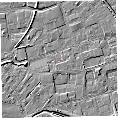 Shaded relief map of the ground around EX28PD, computed from Environment Agency LiDAR. The ground here sits at about 6 m above sea level and falls 7 m across the surrounding 800 m. Surface water reaching this point runs off ground lying to the south-south-west, 1.6 m higher.