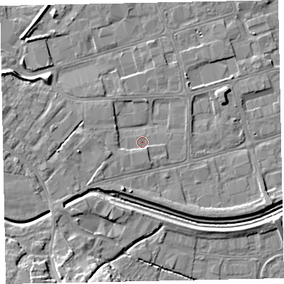 Shaded relief map of the ground around EX28PE, computed from Environment Agency LiDAR. The ground here sits at about 6 m above sea level and falls 12 m across the surrounding 800 m. Surface water reaching this point runs off ground lying to the south-south-east, 1.9 m higher.