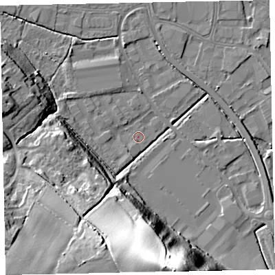 Shaded relief map of the ground around EX28PF, computed from Environment Agency LiDAR. The ground here sits at about 5 m above sea level and falls 48 m across the surrounding 800 m. Surface water reaching this point runs off ground lying to the south-south-east, 47.1 m higher.