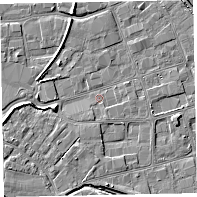 Shaded relief map of the ground around EX28PN, computed from Environment Agency LiDAR. The ground here sits at about 6 m above sea level and falls 8 m across the surrounding 800 m. Surface water reaching this point runs off ground lying to the south-south-west, 1.7 m higher.