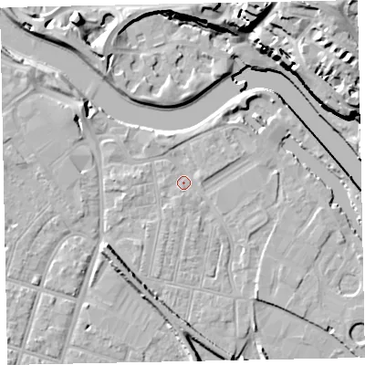 Shaded relief map of the ground around EX28PP, computed from Environment Agency LiDAR. The ground here sits at about 7 m above sea level and falls 29 m across the surrounding 800 m. Surface water reaching this point runs off ground lying to the north-north-west, 1.9 m higher.