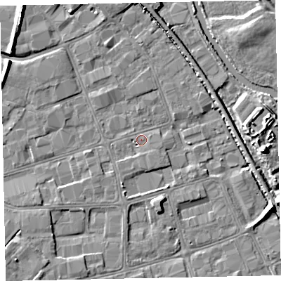 Shaded relief map of the ground around EX28PQ, computed from Environment Agency LiDAR. The ground here sits at about 6 m above sea level and falls 10 m across the surrounding 800 m. Surface water reaching this point runs off ground lying to the south, 1.4 m higher.