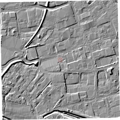 Shaded relief map of the ground around EX28PT, computed from Environment Agency LiDAR. The ground here sits at about 6 m above sea level and falls 9 m across the surrounding 800 m. Surface water reaching this point runs off ground lying to the south, 1.7 m higher.