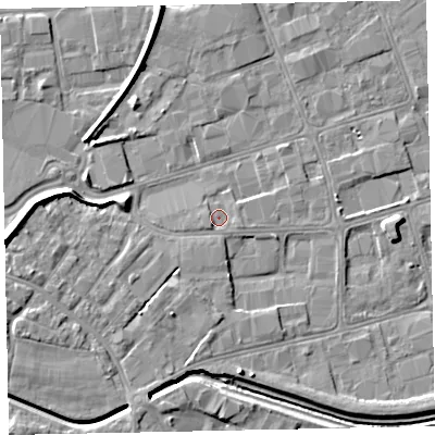Shaded relief map of the ground around EX28PU, computed from Environment Agency LiDAR. The ground here sits at about 7 m above sea level and falls 9 m across the surrounding 800 m. Surface water reaching this point runs off ground lying to the south-west, 1.3 m higher.