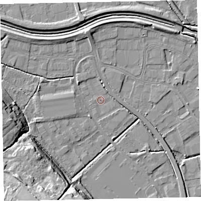 Shaded relief map of the ground around EX28PW, computed from Environment Agency LiDAR. The ground here sits at about 5 m above sea level and falls 18 m across the surrounding 800 m. Surface water reaching this point runs off ground lying to the south-west, 16.7 m higher.
