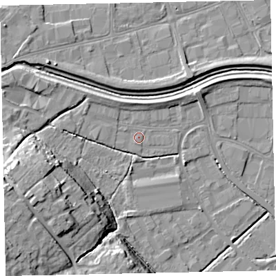 Shaded relief map of the ground around EX28PY, computed from Environment Agency LiDAR. The ground here sits at about 6 m above sea level and falls 18 m across the surrounding 800 m. Surface water reaching this point runs off ground lying to the north-west, 2.5 m higher.