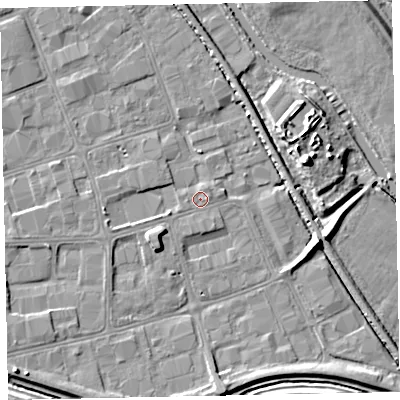 Shaded relief map of the ground around EX28QA, computed from Environment Agency LiDAR. The ground here sits at about 6 m above sea level and falls 11 m across the surrounding 800 m. Surface water reaching this point runs off ground lying to the south-west, 3.2 m higher.