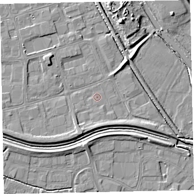 Shaded relief map of the ground around EX28QF, computed from Environment Agency LiDAR. The ground here sits at about 5 m above sea level and falls 11 m across the surrounding 800 m. Surface water reaching this point runs off ground lying to the south-south-west, 3.3 m higher.