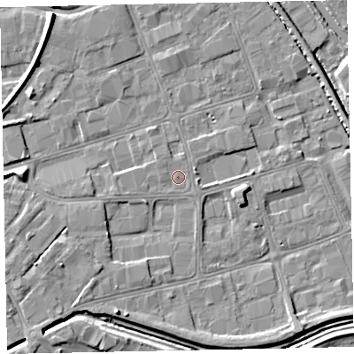 Shaded relief map of the ground around EX28QG, computed from Environment Agency LiDAR. The ground here sits at about 6 m above sea level and falls 7 m across the surrounding 800 m. Surface water reaching this point runs off ground lying to the west-south-west, 1.2 m higher.