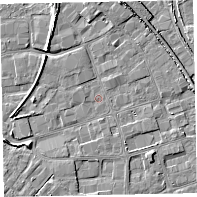 Shaded relief map of the ground around EX28QH, computed from Environment Agency LiDAR. The ground here sits at about 6 m above sea level and falls 7 m across the surrounding 800 m. Surface water reaching this point runs off ground lying to the west-north-west, 4.4 m higher.