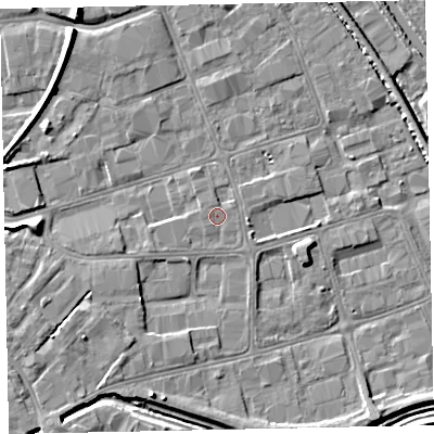 Shaded relief map of the ground around EX28QL, computed from Environment Agency LiDAR. The ground here sits at about 6 m above sea level and falls 7 m across the surrounding 800 m. Surface water reaching this point runs off ground lying to the west-south-west, 1.8 m higher.