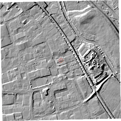 Shaded relief map of the ground around EX28QN, computed from Environment Agency LiDAR. The ground here sits at about 6 m above sea level and falls 11 m across the surrounding 800 m. Surface water reaching this point runs off ground lying to the south-west, 3.1 m higher.