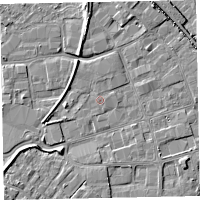 Shaded relief map of the ground around EX28QP, computed from Environment Agency LiDAR. The ground here sits at about 6 m above sea level and falls 9 m across the surrounding 800 m. Surface water reaching this point runs off ground lying to the north-west, 3.9 m higher.