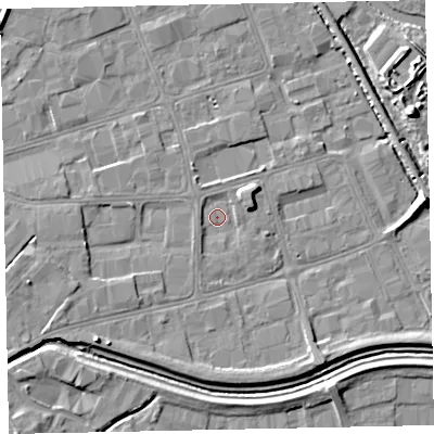 Shaded relief map of the ground around EX28QQ, computed from Environment Agency LiDAR. The ground here sits at about 5 m above sea level and falls 8 m across the surrounding 800 m. Surface water reaching this point runs off ground lying to the south-west, 1.4 m higher.
