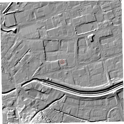 Shaded relief map of the ground around EX28QR, computed from Environment Agency LiDAR. The ground here sits at about 7 m above sea level and falls 14 m across the surrounding 800 m. Surface water reaching this point runs off ground lying to the south-west, 1.0 m higher.