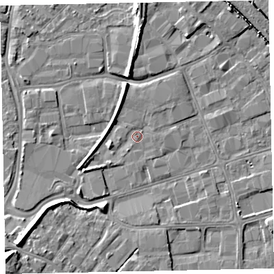 Shaded relief map of the ground around EX28QT, computed from Environment Agency LiDAR. The ground here sits at about 6 m above sea level and falls 10 m across the surrounding 800 m. Surface water reaching this point runs off ground lying to the north-north-west, 3.9 m higher.