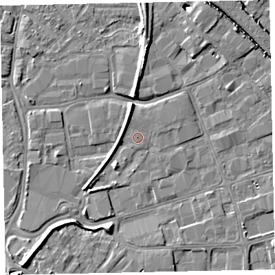 Shaded relief map of the ground around EX28QU, computed from Environment Agency LiDAR. The ground here sits at about 6 m above sea level and falls 12 m across the surrounding 800 m. Surface water reaching this point runs off ground lying to the north-north-east, 0.6 m higher.