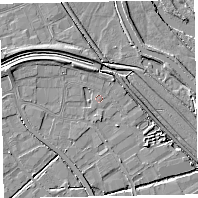 Shaded relief map of the ground around EX28QW, computed from Environment Agency LiDAR. The ground here sits at about 5 m above sea level and falls 7 m across the surrounding 800 m. Surface water reaching this point runs off ground lying to the south, 1.0 m higher.