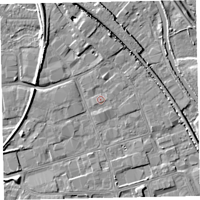 Shaded relief map of the ground around EX28QX, computed from Environment Agency LiDAR. The ground here sits at about 6 m above sea level and falls 9 m across the surrounding 800 m. Surface water reaching this point runs off ground lying to the south-south-west, 0.8 m higher.