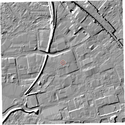 Shaded relief map of the ground around EX28RB, computed from Environment Agency LiDAR. The ground here sits at about 7 m above sea level and falls 11 m across the surrounding 800 m. The ground contributing surface water to this point lies to the west.