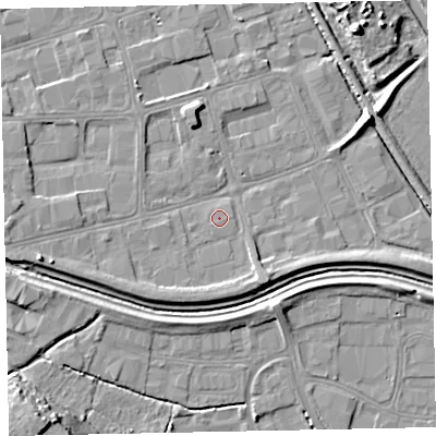 Shaded relief map of the ground around EX28RF, computed from Environment Agency LiDAR. The ground here sits at about 6 m above sea level and falls 14 m across the surrounding 800 m. Surface water reaching this point runs off ground lying to the south, 0.5 m higher.