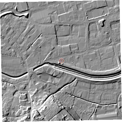 Shaded relief map of the ground around EX28RG, computed from Environment Agency LiDAR. The ground here sits at about 7 m above sea level and falls 16 m across the surrounding 800 m. Surface water reaching this point runs off ground lying to the south-west, 2.7 m higher.