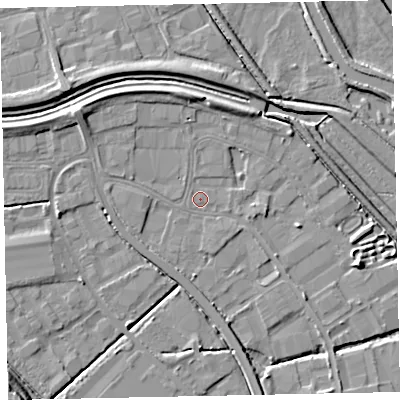 Shaded relief map of the ground around EX28RJ, computed from Environment Agency LiDAR. The ground here sits at about 4 m above sea level and falls 12 m across the surrounding 800 m. Surface water reaching this point runs off ground lying to the west-south-west, 0.8 m higher.