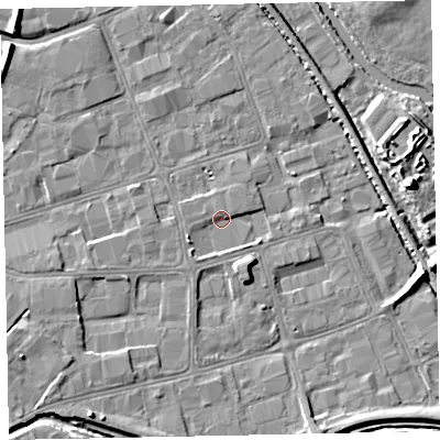 Shaded relief map of the ground around EX28RL, computed from Environment Agency LiDAR. The ground here sits at about 6 m above sea level and falls 8 m across the surrounding 800 m. Surface water reaching this point runs off ground lying to the west-south-west, 1.5 m higher.