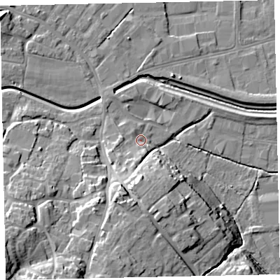 Shaded relief map of the ground around EX28RS, computed from Environment Agency LiDAR. The ground here sits at about 9 m above sea level and falls 26 m across the surrounding 800 m. Surface water reaching this point runs off ground lying to the south, 10.6 m higher.