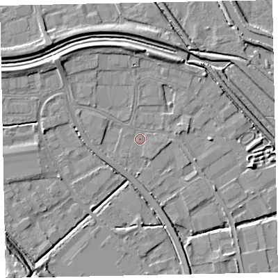 Shaded relief map of the ground around EX28RU, computed from Environment Agency LiDAR. The ground here sits at about 4 m above sea level and falls 14 m across the surrounding 800 m. Surface water reaching this point runs off ground lying to the north-west, 4.4 m higher.