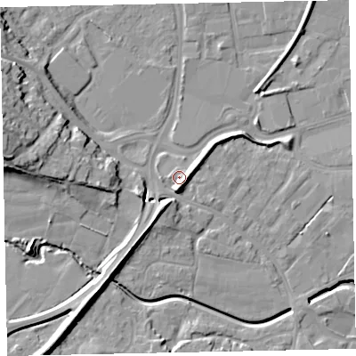 Shaded relief map of the ground around EX28SA, computed from Environment Agency LiDAR. The ground here sits at about 9 m above sea level and falls 19 m across the surrounding 800 m. Surface water reaching this point runs off ground lying to the south, 5.3 m higher.