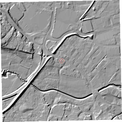 Shaded relief map of the ground around EX28SB, computed from Environment Agency LiDAR. The ground here sits at about 10 m above sea level and falls 19 m across the surrounding 800 m. Surface water reaching this point runs off ground lying to the west, 6.7 m higher.