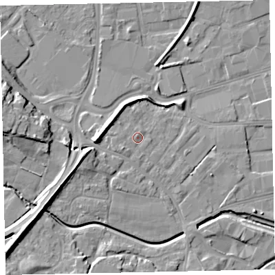 Shaded relief map of the ground around EX28SD, computed from Environment Agency LiDAR. The ground here sits at about 9 m above sea level and falls 17 m across the surrounding 800 m. Surface water reaching this point runs off ground lying to the south-west, 1.7 m higher.