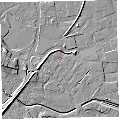 Shaded relief map of the ground around EX28SE, computed from Environment Agency LiDAR. The ground here sits at about 8 m above sea level and falls 16 m across the surrounding 800 m. Surface water reaching this point runs off ground lying to the south-south-west, 2.0 m higher.