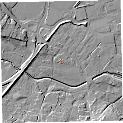 Shaded relief map of the ground around EX28SF, computed from Environment Agency LiDAR. The ground here sits at about 10 m above sea level and falls 18 m across the surrounding 800 m. Surface water reaching this point runs off ground lying to the west, 1.0 m higher.