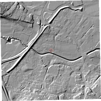 Shaded relief map of the ground around EX28SG, computed from Environment Agency LiDAR. The ground here sits at about 10 m above sea level and falls 28 m across the surrounding 800 m. Surface water reaching this point runs off ground lying to the south-west, 26.3 m higher.