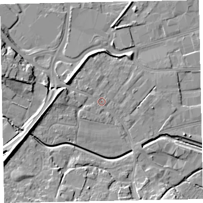 Shaded relief map of the ground around EX28SH, computed from Environment Agency LiDAR. The ground here sits at about 9 m above sea level and falls 16 m across the surrounding 800 m. Surface water reaching this point runs off ground lying to the west, 6.7 m higher.