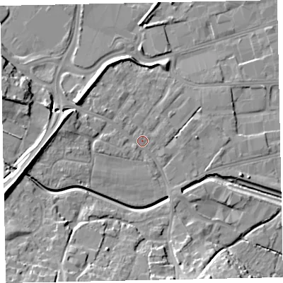 Shaded relief map of the ground around EX28SJ, computed from Environment Agency LiDAR. The ground here sits at about 9 m above sea level and falls 15 m across the surrounding 800 m. Surface water reaching this point runs off ground lying to the west-south-west, 8.7 m higher.