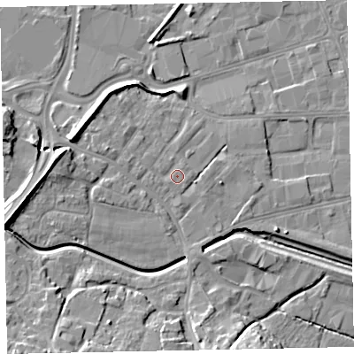 Shaded relief map of the ground around EX28SL, computed from Environment Agency LiDAR. The ground here sits at about 9 m above sea level and falls 14 m across the surrounding 800 m. Surface water reaching this point runs off ground lying to the west, 0.9 m higher.