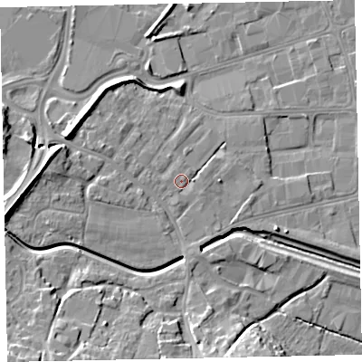 Shaded relief map of the ground around EX28SN, computed from Environment Agency LiDAR. The ground here sits at about 9 m above sea level and falls 14 m across the surrounding 800 m. Surface water reaching this point runs off ground lying to the east, 1.4 m higher.
