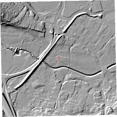 Shaded relief map of the ground around EX28SQ, computed from Environment Agency LiDAR. The ground here sits at about 11 m above sea level and falls 27 m across the surrounding 800 m. Surface water reaching this point runs off ground lying to the west, 6.6 m higher.