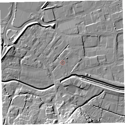 Shaded relief map of the ground around EX28SS, computed from Environment Agency LiDAR. The ground here sits at about 8 m above sea level and falls 15 m across the surrounding 800 m. Surface water reaching this point runs off ground lying to the west, 7.9 m higher.