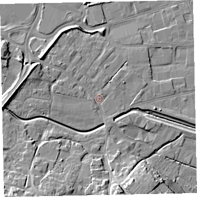Shaded relief map of the ground around EX28SW, computed from Environment Agency LiDAR. The ground here sits at about 9 m above sea level and falls 20 m across the surrounding 800 m. Surface water reaching this point runs off ground lying to the west, 8.7 m higher.