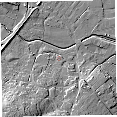 Shaded relief map of the ground around EX28TB, computed from Environment Agency LiDAR. The ground here sits at about 11 m above sea level and falls 38 m across the surrounding 800 m. Surface water reaching this point runs off ground lying to the south-south-west, 9.8 m higher.